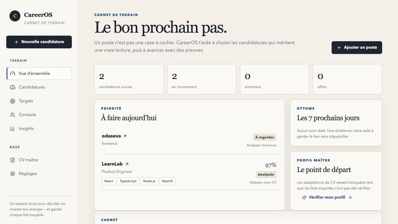 Capture réelle du tableau de bord CareerOS avec les candidatures suivies, la priorité du jour et le profil maître