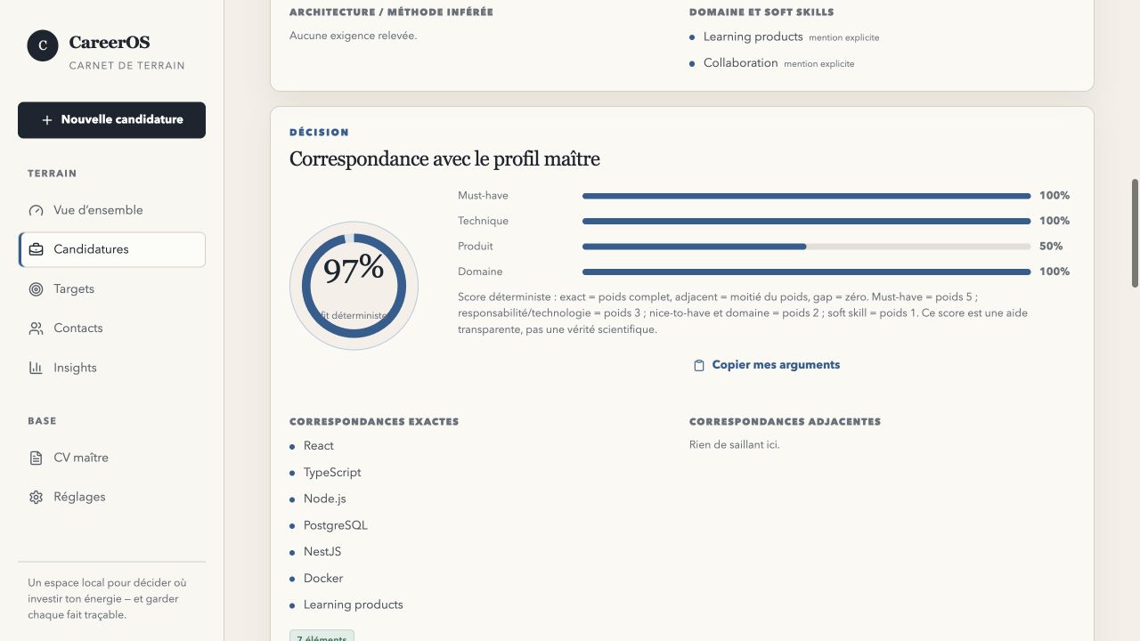 Capture réelle du matching CareerOS avec score déterministe, sous-scores et correspondances exactes