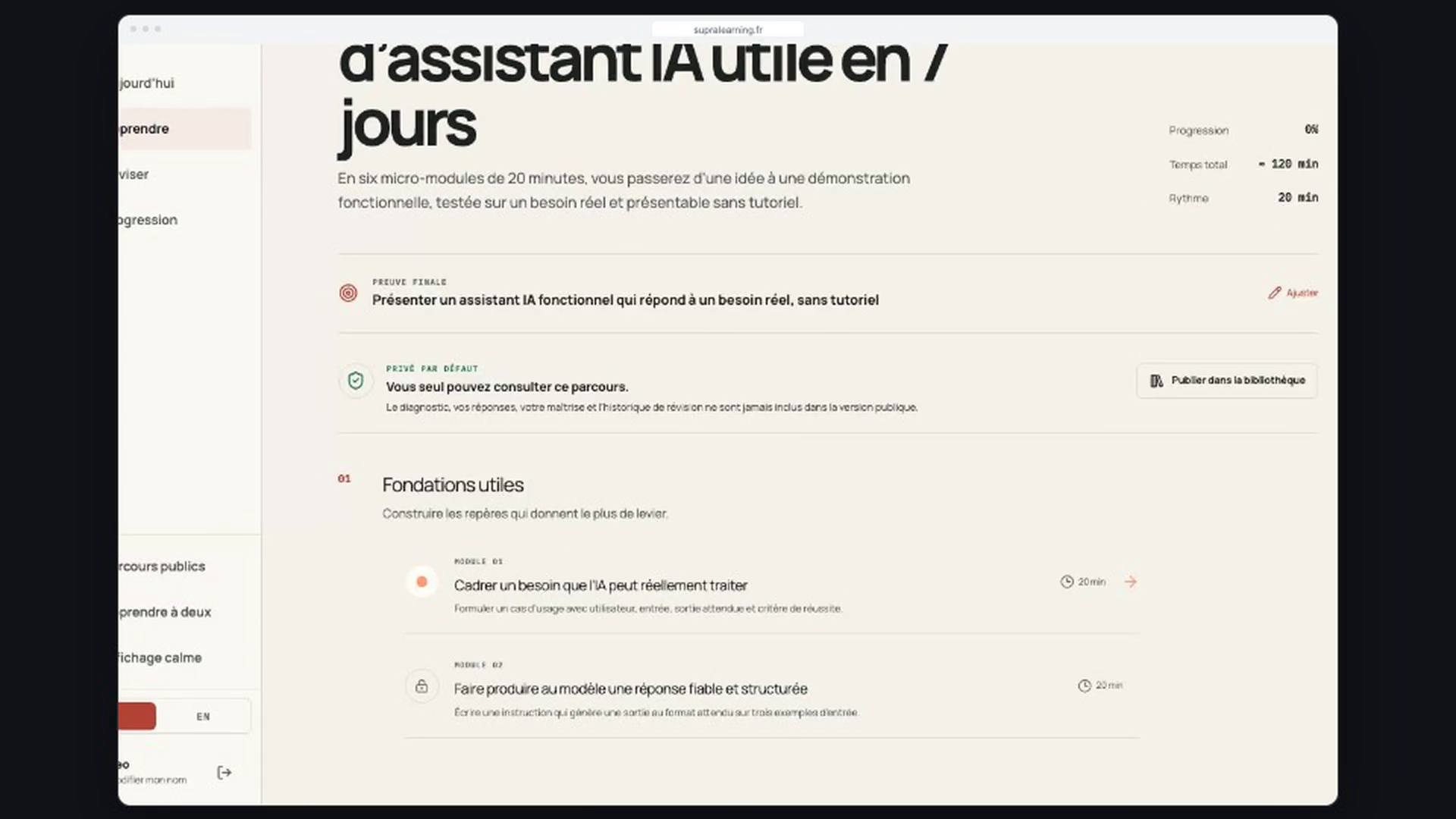 Capture réelle d’une sortie Product Video sur le parcours FlashLearning avec navigation latérale et module d’apprentissage