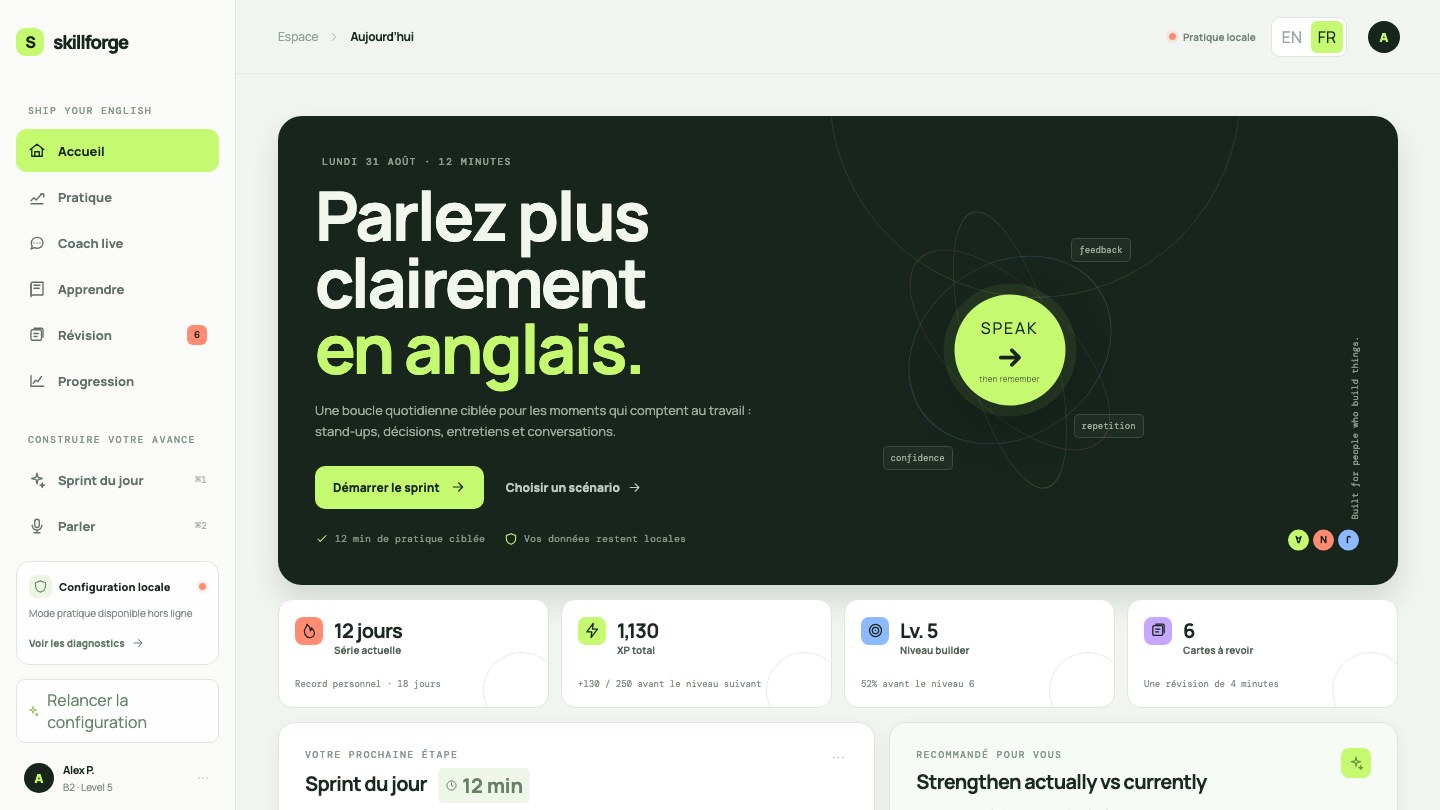 Capture réelle de Skillforge en français avec le sprint du jour, la pratique orale et la progression locale
