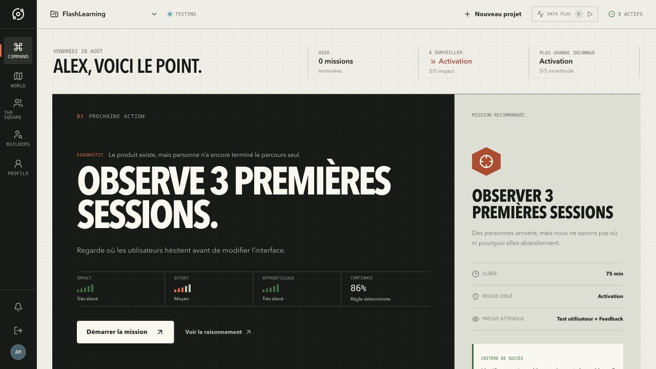 Capture du tableau de bord Builder World avec Next Move, mission recommandée et état du projet