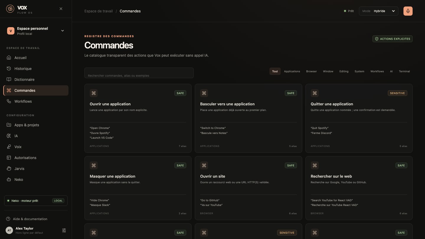 Capture réelle du registre de commandes Vox avec exemples français et anglais et niveaux de risque visibles