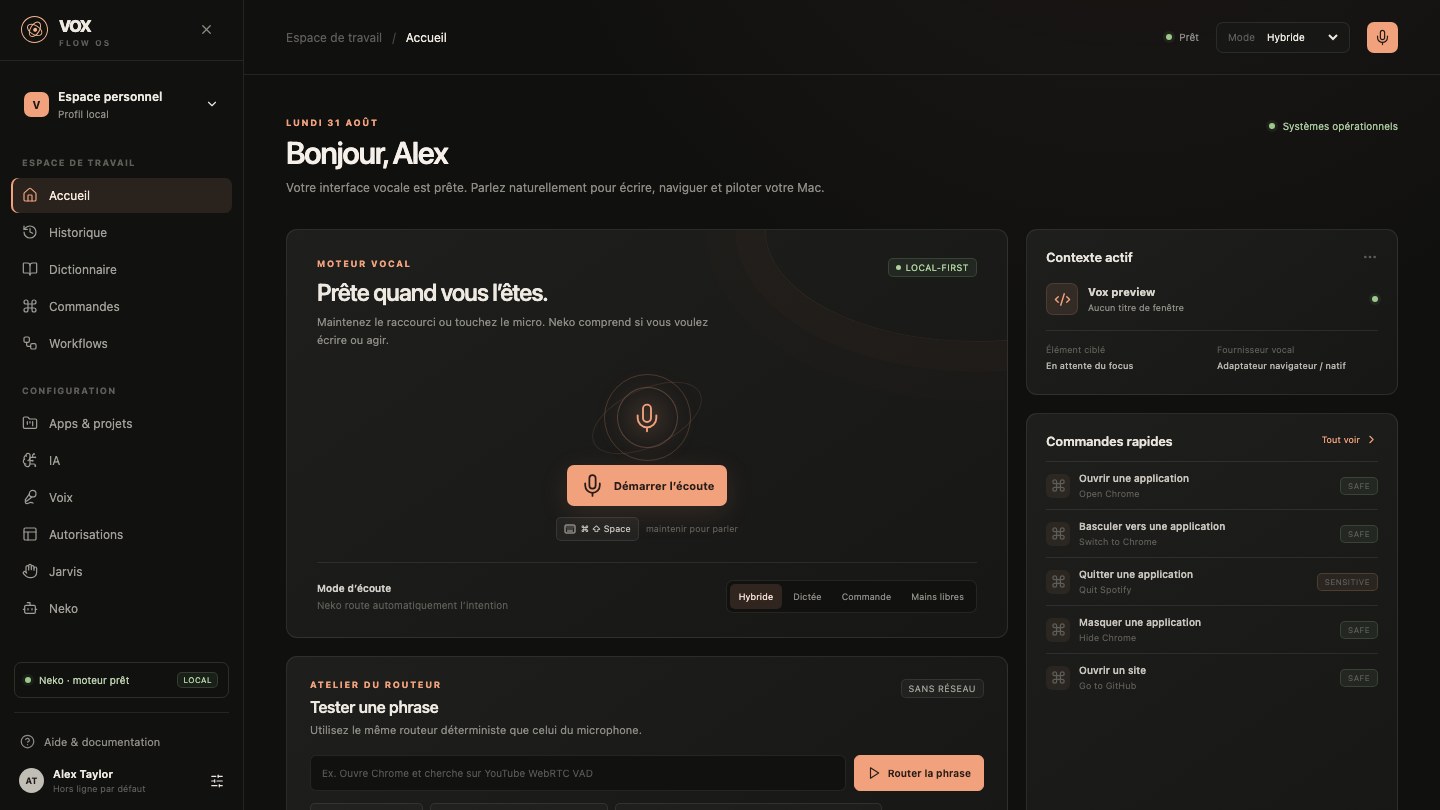 Capture réelle du centre de contrôle Vox en français avec le moteur vocal, le contexte actif et les commandes rapides