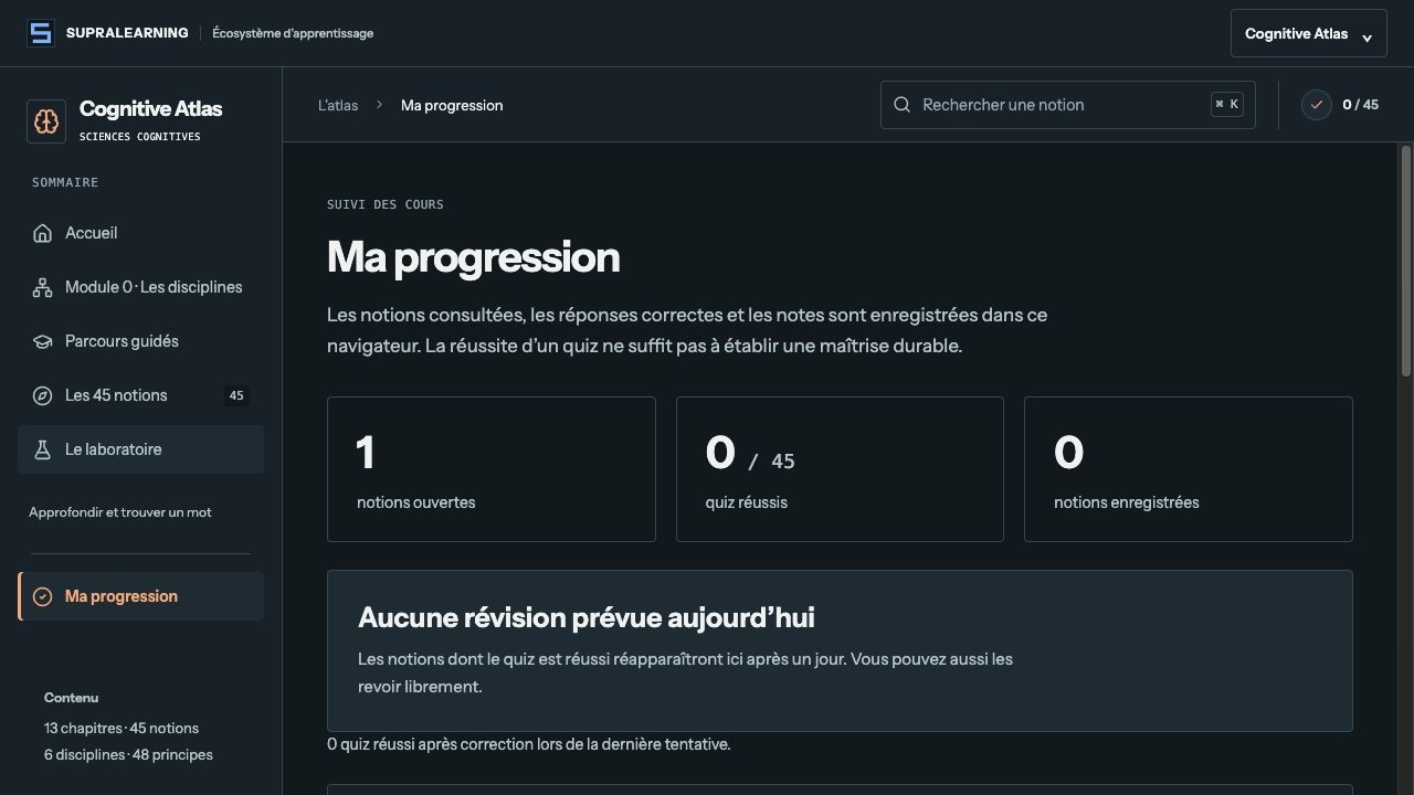 Carnet réel local de Cognitive Atlas avec révision et export des notes
