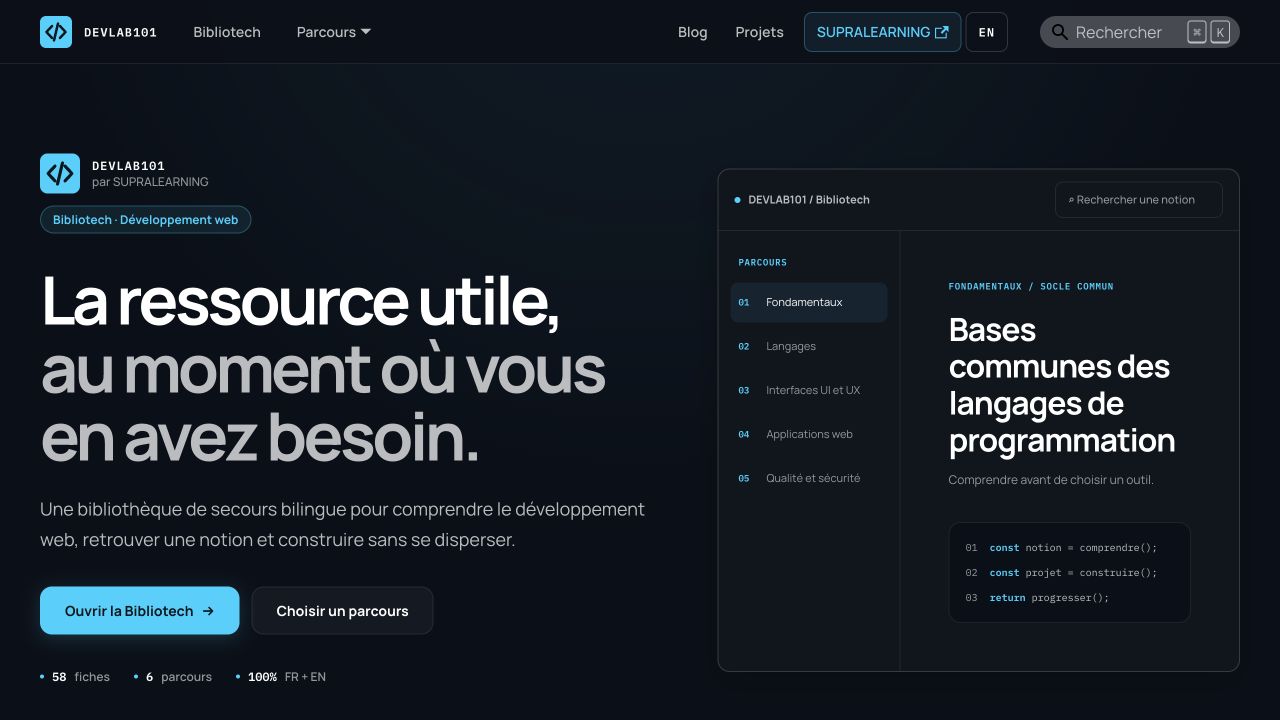 Capture de l’accueil et de la Bibliotech DevLab101