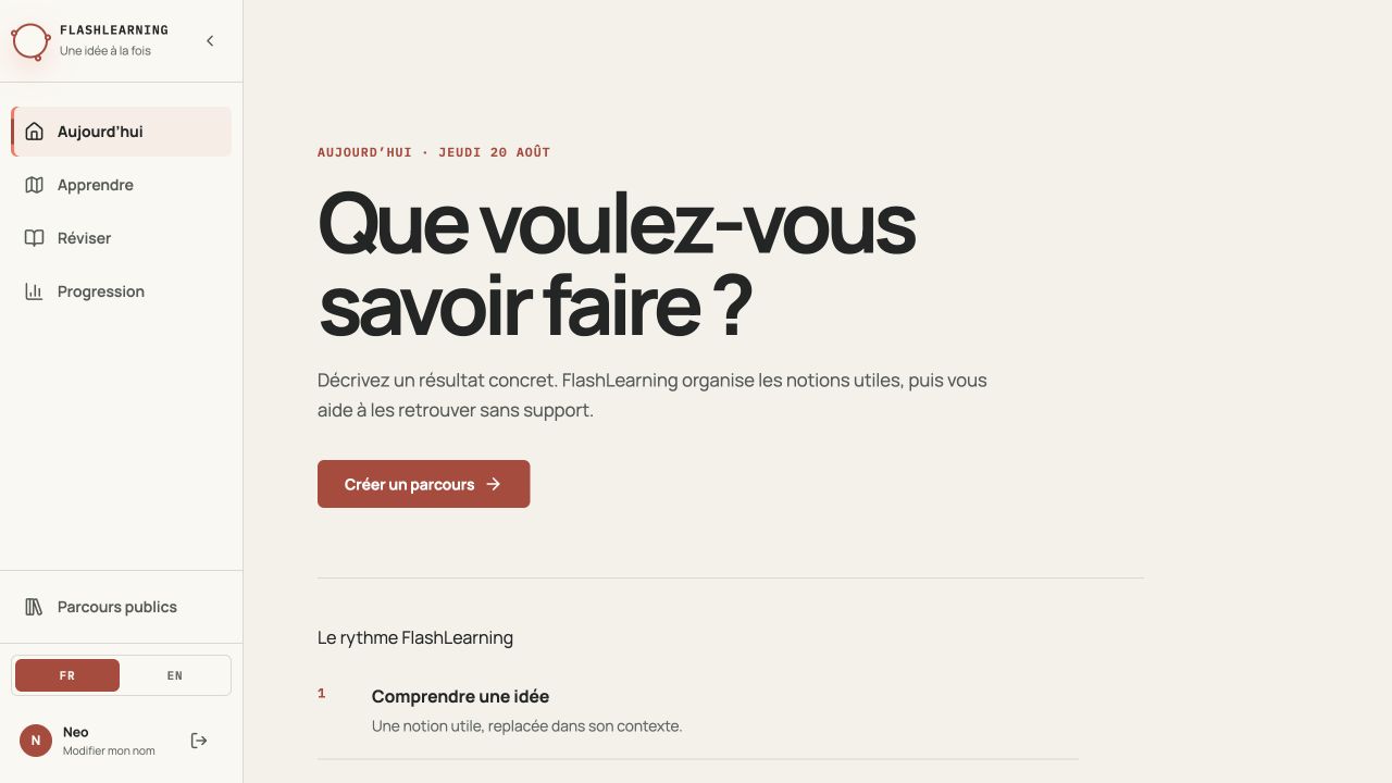 Capture de l’accueil et de la création de parcours FlashLearning