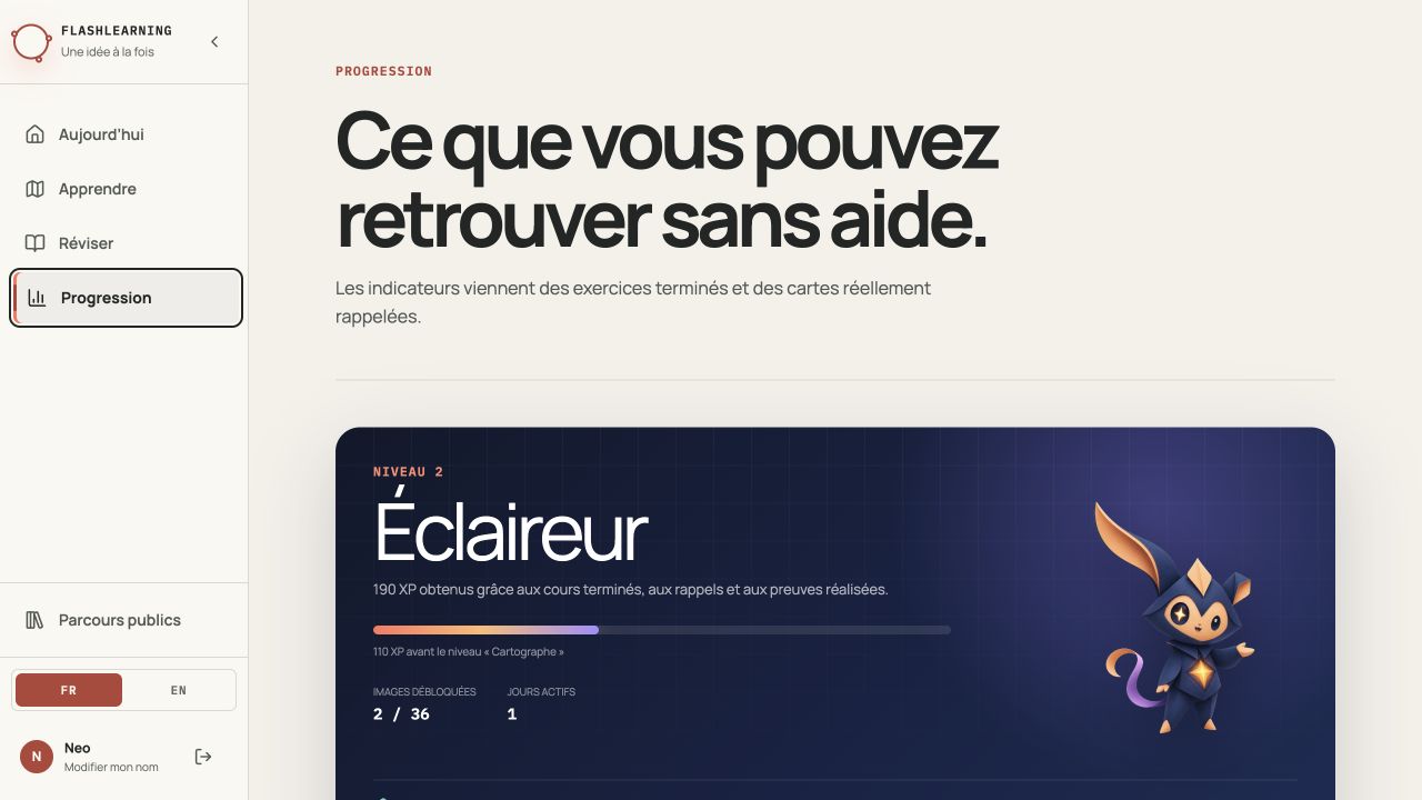 Capture de la page Progression FlashLearning