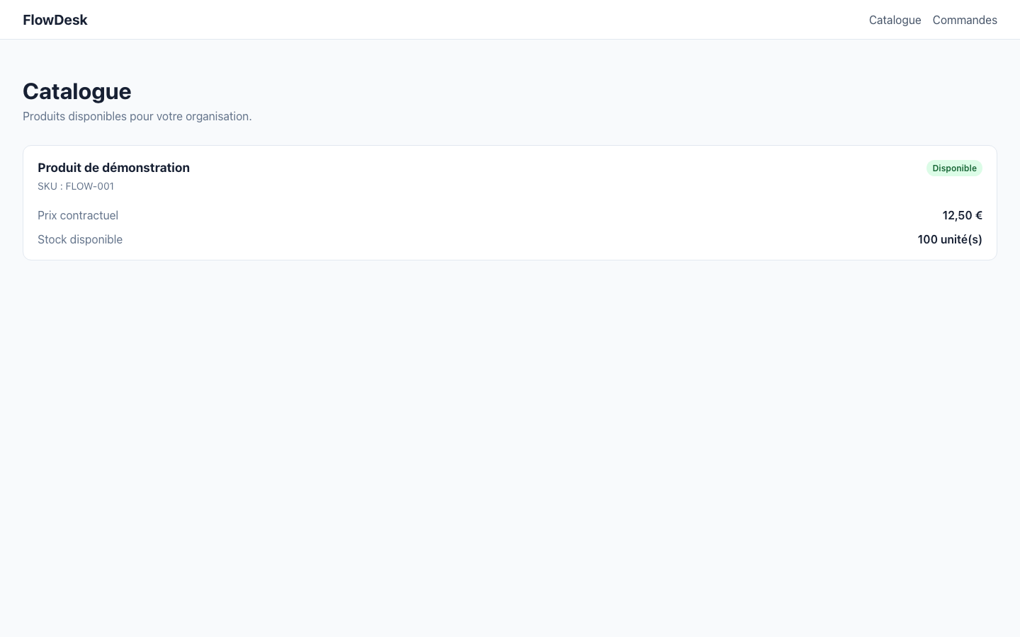 Capture réelle du catalogue FlowDesk alimenté par PostgreSQL