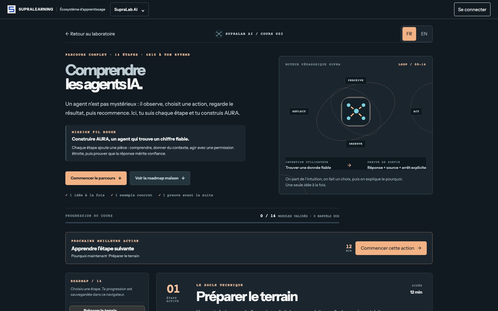 Cours agents local de SupraLab AI : étape active et progression