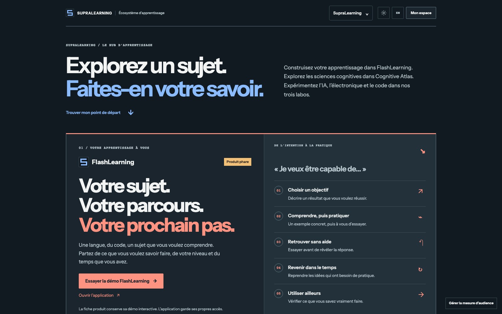 Accueil local sombre de SupraLearning, avec les produits et leur rôle