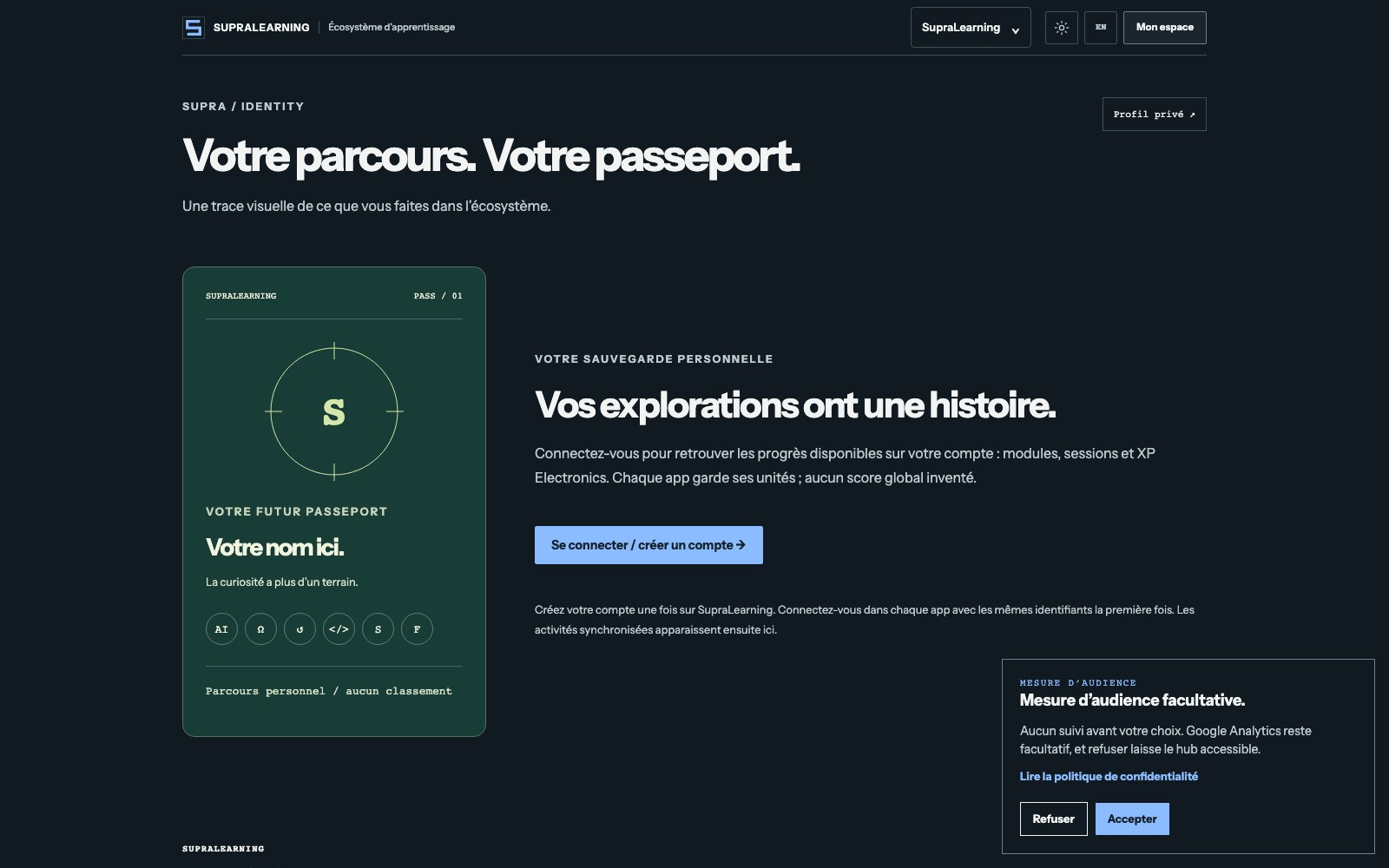 Passeport local SupraLearning avant connexion, sans données de compte