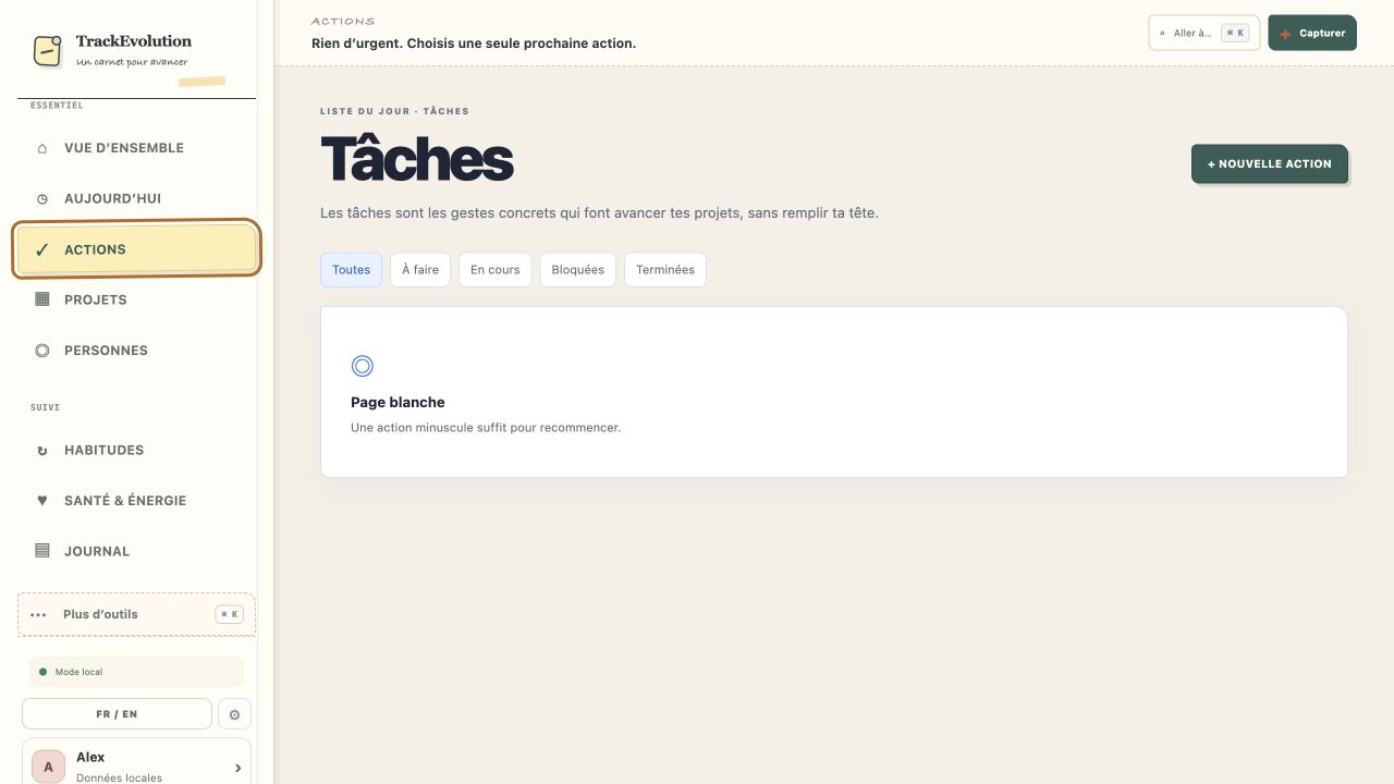 Capture de la liste d’actions TrackEvolution